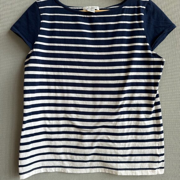 Liz Claiborne Navy & White Breton Striped Top – Size M – Cotton Crew Neck - Picture 1 of 7